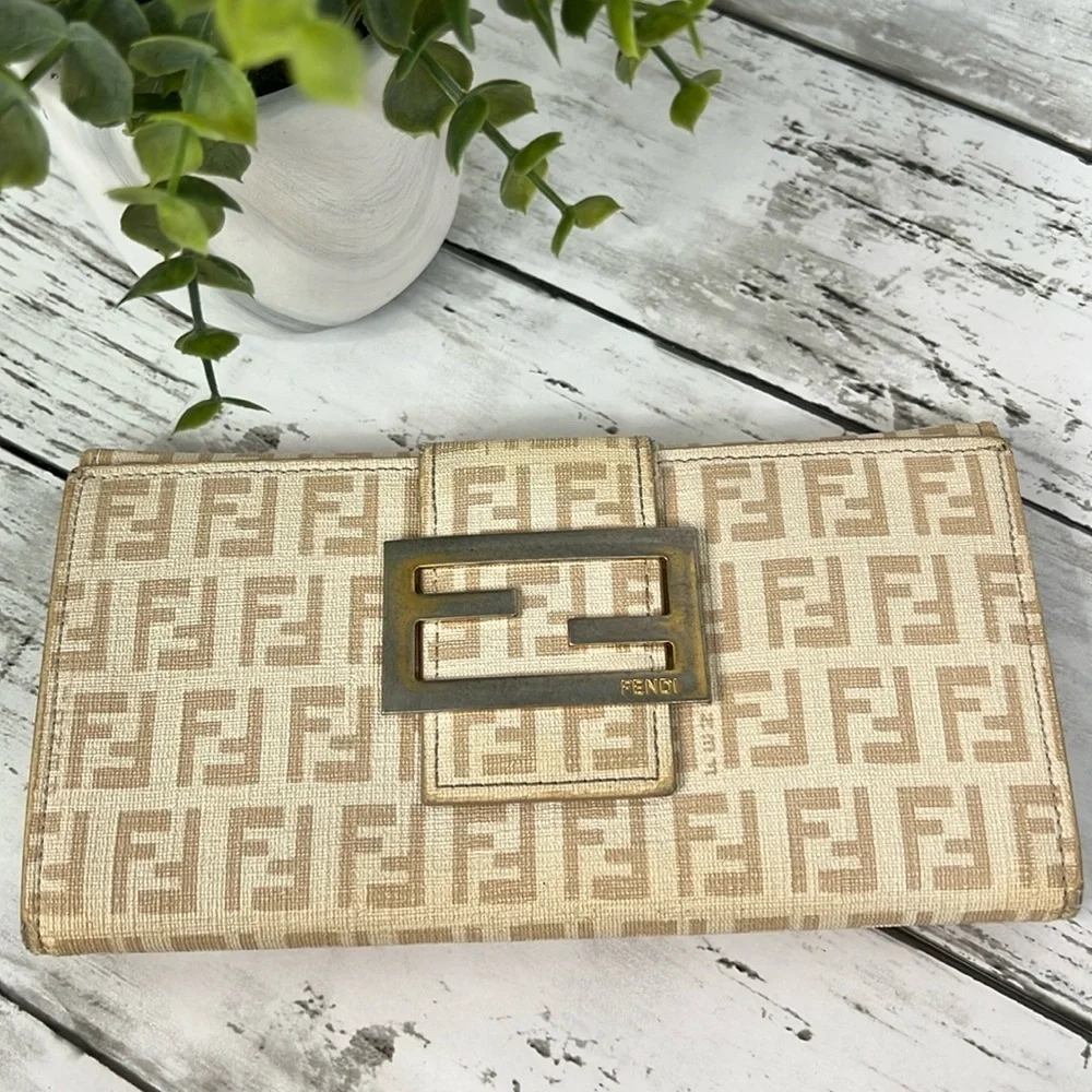 Fendi Wallet Purse Zucchino Canvas Leather Woman